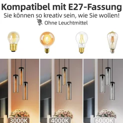 NETTLIFE Lampe à Suspension Pour Table à Manger En Verre Noir Mat Rétro 3 Flammes E27