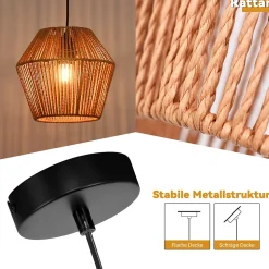 NETTLIFE Lampe à suspension vintage en rotin 150 cm E27 40W