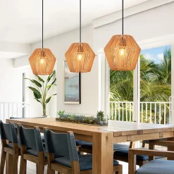 NETTLIFE Lampe à suspension vintage en rotin 150 cm E27 40W