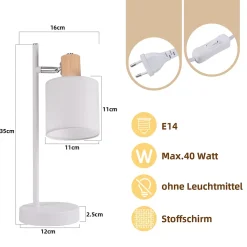 Nettlife lampe de chevet bois vintage 35.5cm e14 lampe de table blanc abat-jour tissu avec interrupteur orientable sans ampoule