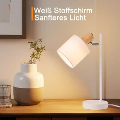 Nettlife lampe de chevet bois vintage 35.5cm e14 lampe de table blanc abat-jour tissu avec interrupteur orientable sans ampoule