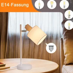 Nettlife lampe de chevet bois vintage 35.5cm e14 lampe de table blanc abat-jour tissu avec interrupteur orientable sans ampoule