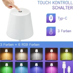 Nettlife Lampe de chevet LED RGB, 2600mAh, rechargeable, tactile, dimmable, blanc, USB