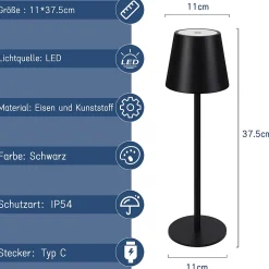 Nettlife Lampe de chevet sans fil, LED 2600mAh, lampe de table extérieur rechargeable, tactile, noire, avec USB