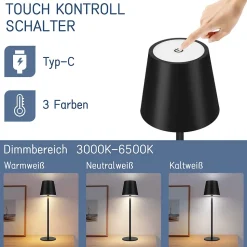 Nettlife Lampe de chevet sans fil, LED 2600mAh, lampe de table extérieur rechargeable, tactile, noire, avec USB