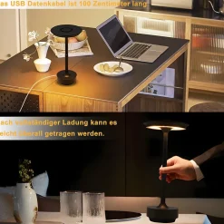 Nettlife lampe de chevet sans fil à led, rechargeable par usb, tactile, à intensité variable, noire