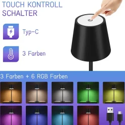 Nettlife Lampe de chevet sans fil, LED RGB 2600mAh, lampe de table extérieur rechargeable, tactile, dimmable, noire, TYPE-C/USB