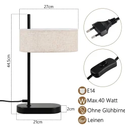 NETTLIFE Lampe de chevet chambre lampe de table vintage - 44,5cm E14 lin noir avec interrupteur rétro