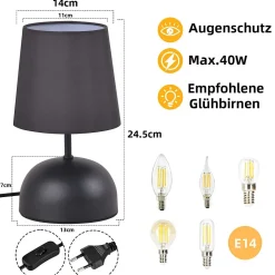 NETTLIFE Lampe de chevet avec câble lampe de table en tissu noir lit de chambre moderne avec câble, sans ampoule