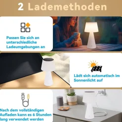 Nettlife lampe de table à batterie solaire sans fil, lampe de table led 3600 mha, rechargeable, tactile, dimmable, lampe blanche
