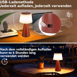 Nettlife lampe de table à piles, lampe de chevet led - 3600mha sans fil, lampe tactile à intensité variable avec batterie