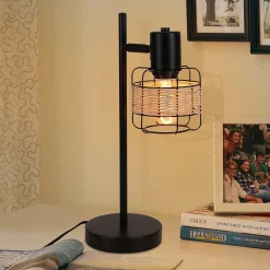 NETTLIFE lampe de table lampe de chevet vintage lampe rétro salon noir en rotin métal E27