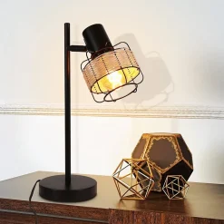 NETTLIFE lampe de table lampe de chevet vintage lampe rétro salon noir en rotin métal E27