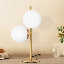 NETTLIFE lampe de table lampe de chevet moderne industrielle dorée 2 ampoules avec interrupteur design métal en verre blanc E27