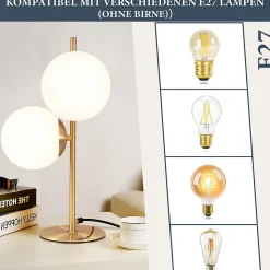 NETTLIFE lampe de table lampe de chevet moderne industrielle dorée 2 ampoules avec interrupteur design métal en verre blanc E27