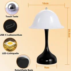 Nettlife Lampe de Table Sans Fil - Lampe Chevet LED Noire Tactile Dimmable, Rechargeable USB, Moderne pour Salon Chambre