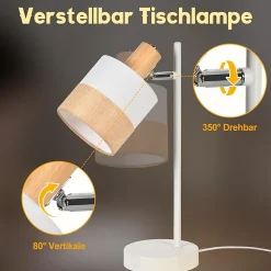 Nettlife Lampe de Table Vintage Bois - Lampe Chevet Tissu E14 Câble, Pivotante Rustique Rétro pour Chambre Bureau (Sans Ampoule)