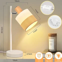 Nettlife Lampe de Table Vintage Bois - Lampe Chevet Tissu E14 Câble, Pivotante Rustique Rétro pour Chambre Bureau (Sans Ampoule)