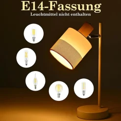 Nettlife Lampe de Table Vintage Bois - Lampe Chevet Tissu E14 Câble, Pivotante Rustique Rétro pour Chambre Bureau (Sans Ampoule)