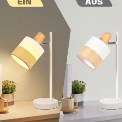 Nettlife Lampe de Table Vintage Bois - Lampe Chevet Tissu E14 Câble, Pivotante Rustique Rétro pour Chambre Bureau (Sans Ampoule)