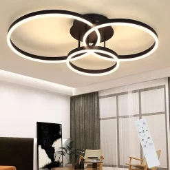 NETTLIFE Lampe plafond LED noire réglable, 82cm, avec télécommande, 74W, design 3 anneaux en acryl