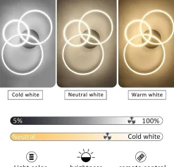 NETTLIFE Lampe plafond LED noire réglable, 82cm, avec télécommande, 74W, design 3 anneaux en acryl