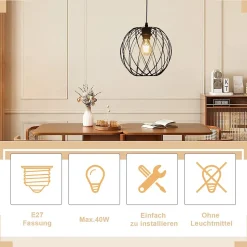 NETTLIFE Lampe suspendue noire ronde - Lampe suspendue vintage E27 Lampe suspendue rétro industrielle lampe de table