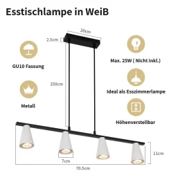 NETTLIFE Lampe suspendue table à manger lampe de table à manger 4 ampoules en métal blanc GU10 noir industriel sans ampoule