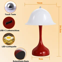 Nettlife Lampe Table Sans Fil LED - Lampe Chevet Tactile, Rouge Forme Chapeau, USB Rechargeable, Veilleuse Salon Chambre