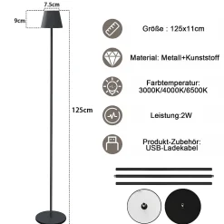 NETTLIFE LED Lampadaire Noir Moderne Dimmable 125cm 3 températures de couleur USB Salon