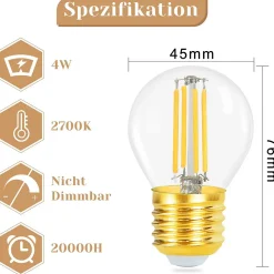 NETTLIFE Lot de 6 ampoules LED E27 à filament vintage blanc chaud 2700K 4W modèle G45 en verre de haute qualité