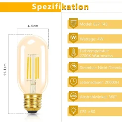 NETTLIFE Lot de 4 ampoules LED E27 blanc chaud vintage T45 4W 2700K style Edison économie d'énergie ampoules en verre