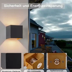 NETTLIFE Lot de 2 appliques LED intérieur extérieur 10W, noir, IP65, blanc chaud