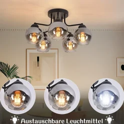 NETTLIFE Plafonnier 5 flammes E27 boule en verre vintage lampe de couloir installation facile, sans ampoule, noir