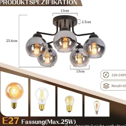 NETTLIFE Plafonnier 5 flammes E27 boule en verre vintage lampe de couloir installation facile, sans ampoule, noir