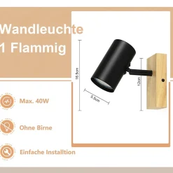 NETTLIFE Plafonnier 1 flamme Bois - Noir Plafonnier couloir Métal Rétro GU10 Plot de plafond pivotant Max.40W