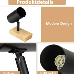 NETTLIFE Plafonnier 1 flamme Bois - Noir Plafonnier couloir Métal Rétro GU10 Plot de plafond pivotant Max.40W
