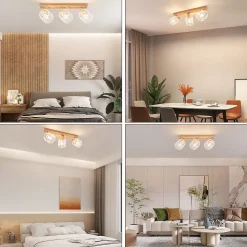 NETTLIFE Plafonnier 3 Spots blanc aspect bois,plafonnier E14,4 ampoules max 25w moderne pour salon chambre