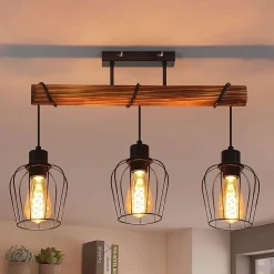 NETTLIFE Plafonnier 3 spots métal et bois noir E27 lampe de salon vintage en bois flammé au avec hauteur réglable sans ampoule