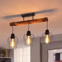 NETTLIFE Plafonnier 3 spots métal et bois noir E27 lampe de salon vintage en bois flammé au avec hauteur réglable sans ampoule