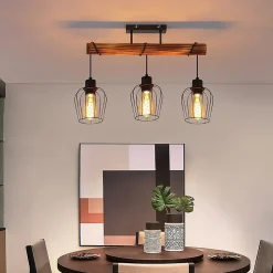 NETTLIFE Plafonnier 3 spots métal et bois noir E27 lampe de salon vintage en bois flammé au avec hauteur réglable sans ampoule