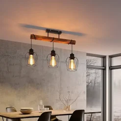 NETTLIFE Plafonnier 3 spots métal et bois noir E27 lampe de salon vintage en bois flammé au avec hauteur réglable sans ampoule
