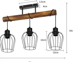 NETTLIFE Plafonnier 3 spots métal et bois noir E27 lampe de salon vintage en bois flammé au avec hauteur réglable sans ampoule