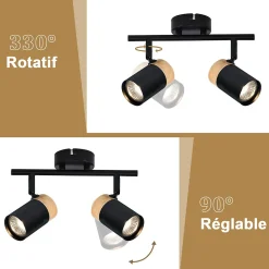NETTLIFE Plafonnier 2 spots de bois noir GU10 LED orientable pour couloir garage salon cuisine sans ampoule
