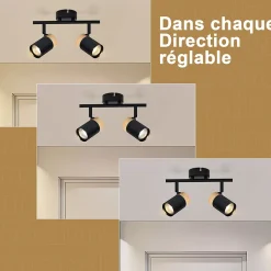 NETTLIFE Plafonnier 2 spots de bois noir GU10 LED orientable pour couloir garage salon cuisine sans ampoule