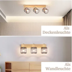 NETTLIFE Plafonnier 3 Spots noir aspect bois - plafonnier E14,4 ampoules max 25w moderne pour salon chambre cuisine.