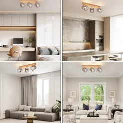 NETTLIFE Plafonnier 3 Spots noir aspect bois - plafonnier E14,4 ampoules max 25w moderne pour salon chambre cuisine.