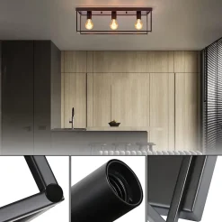 NETTLIFE Plafonnier 3 spots E27 Max. 25W vintage noir métal pour salon cuisine industriel lampe de couloir - sans ampoule