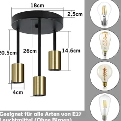 NETTLIFE Plafonnier 3 Spots E27 Suspendu Noir Or avec Lustre Industriel Moderne pour Salle à Manger Couloir Salon Bar, Max. 25w