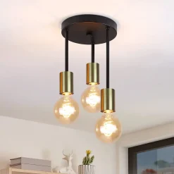 NETTLIFE Plafonnier 3 Spots E27 Suspendu Noir Or avec Lustre Industriel Moderne pour Salle à Manger Couloir Salon Bar, Max. 25w